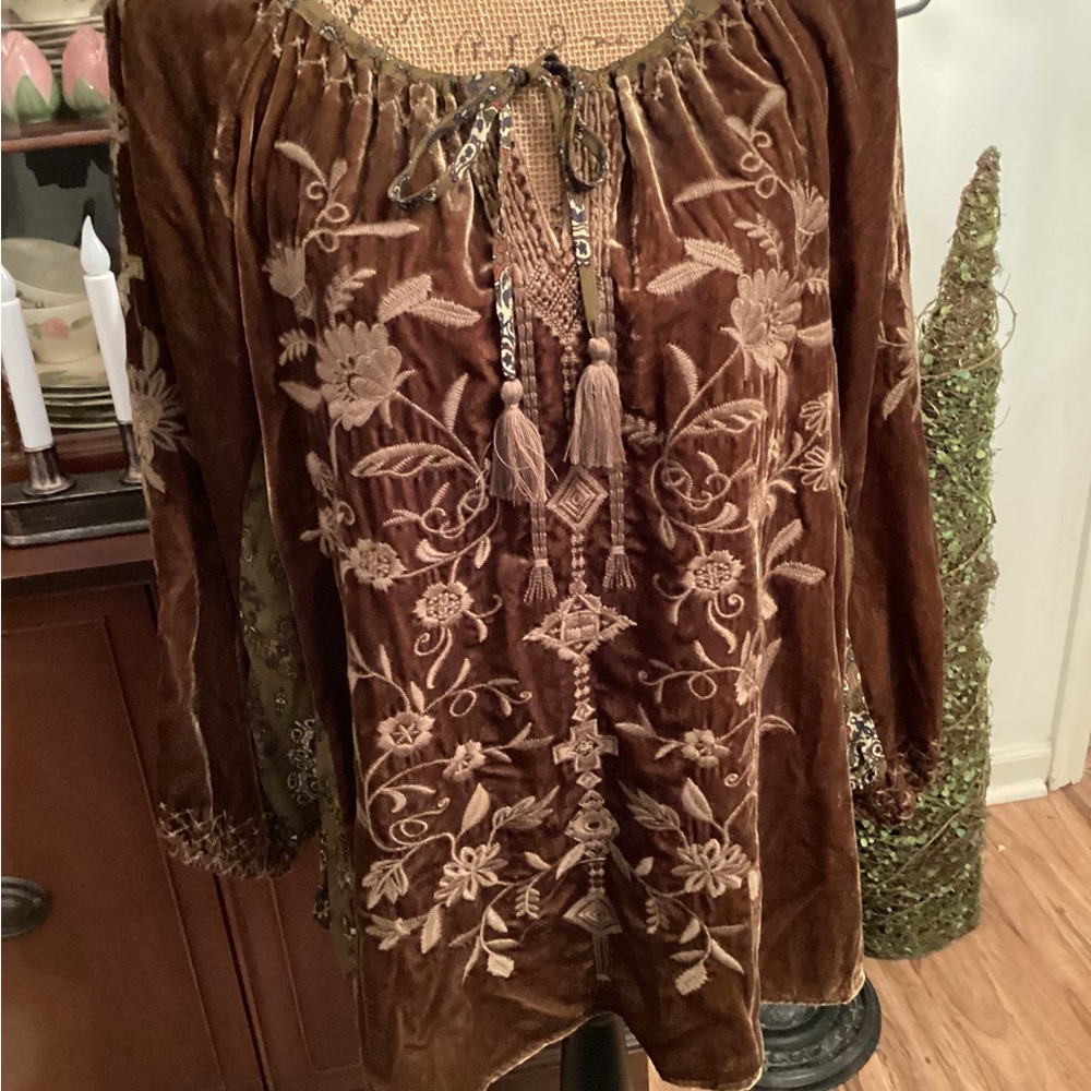 Boho Embroidered Velvet Peasant Top - Brown